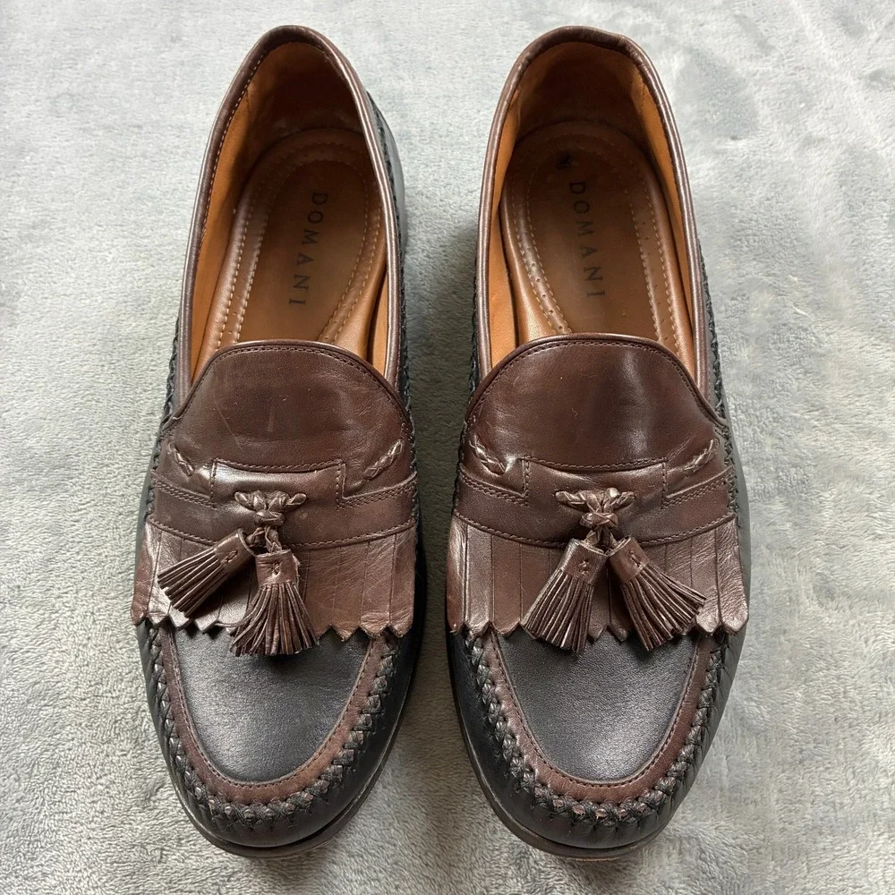 Domani Mens 11M Two Tone Brown Black Leather Tassel Kiltie Loafers India Preppy